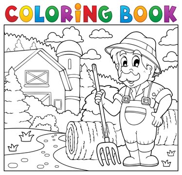Coloring book farmer near farmhouse 2