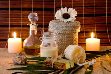 Still life o ftools and means for ski care and hair care in coff