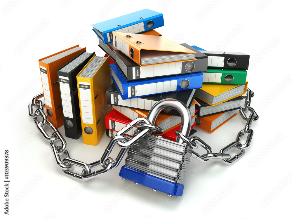 Poster Information protection.  File folder and chain with lock. Data a