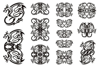 Tribal winged dragon symbols. Twirled ornate dragon set 