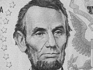 Abe Lincoln face on us five dollar bill close up macro, 5 usd, united states money closeup