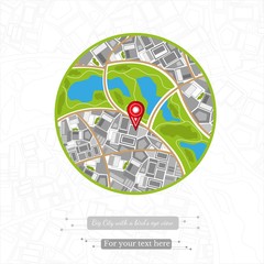 flat background vector map with circle town top view with pins and markers