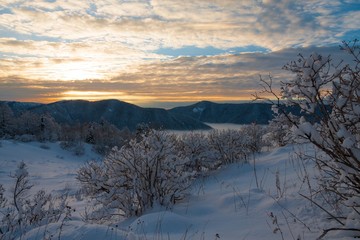 Mountain sunset winter