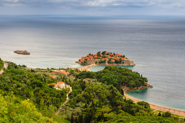 View of the peninsula of Sveti Stefan from the height of the mountains.