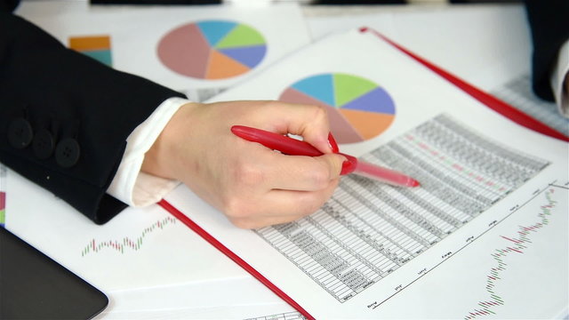 Businesswoman Audit Financial Reports, Extra Close Up
