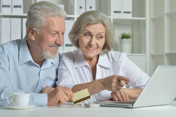senior couple with laptop and business card