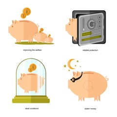 Flat design piggy bank icons concepts of finance and business on white