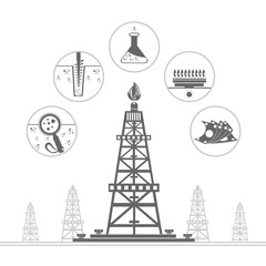 gas rig and circle icons with stages of process gas production