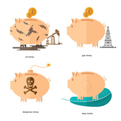 Flat design piggy bank icons concepts of finance and business on white, oil money, dangerous money, easy money, gas money