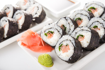 Closeup of sushi rolls with salmon