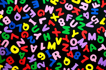 Colorful letters and numbers on black background.