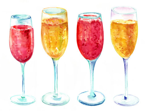 Watercolor drawing of four glasses of pink and golden champagne