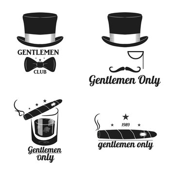 Set Vintage gentleman emblems, labels, badges and designed elements. Monochrome style. vector. hat, bow tie, mustache, cigar and more
