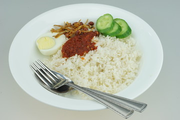 Nasi Lemak or Malay fragrant rice, cooked in coconut milk and pandan leaf