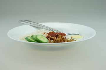 Nasi Lemak or Malay fragrant rice, cooked in coconut milk and pandan leaf