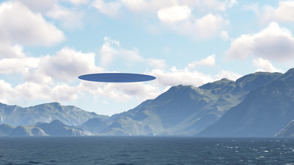 Fototapeta na wymiar UFO over the mountains in the clouds