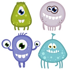 Vector set of four funny monsters with toothy smiles and many eyes. Good for children's stuff, Halloween cards and other stationery.