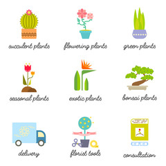 Set of colorful flat icons for Flower or Florist shop.