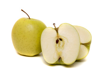 Tasty yellow apples fruits isolated on white background.