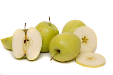 Tasty yellow apples fruits isolated on white background.