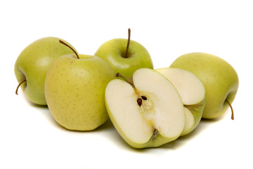 Tasty yellow apples fruits isolated on white background.