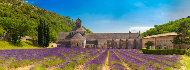 Ancient monastery Abbey Notre-Dame de Senanque in Vaucluse, France - obrazy, fototapety, plakaty
