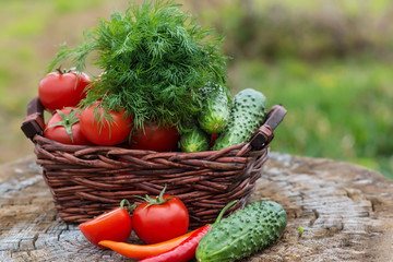 Basket and wooden plate with fresh vegetables