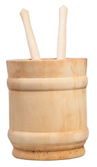 side view wooden cup with two spoons isolated