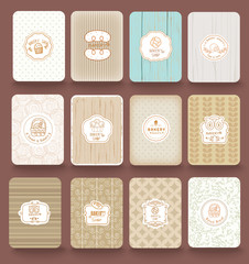 Set of retro bakery labels, ribbons and cards for vintage design, old paper textures.vector