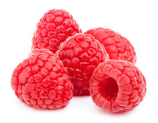 Five ripe raspberries isolated on white background with clipping path