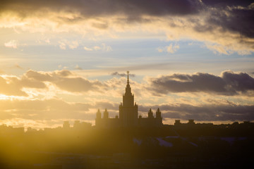 Fototapeta na wymiar Sunset Moscow State University in winter