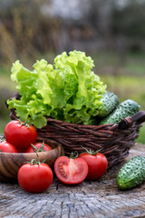 Basket and wooden plate with fresh vegetables