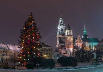 Fototapeta na wymiar Winter view of the cathedral of St Stanislaw and St Vaclav and Christmas tree on the Wawel Hill, Krakow, Poland.