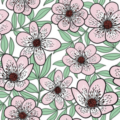 Cute floral seamless pattern. Vector background with flowers and leaves.