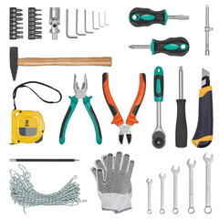 Set of construction tools isolated on a white background. Tape measure, wrench, spanner, hammer, cutter, pliers. gloves, rope, screwdriver