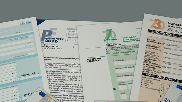 top view of italian tax forms with euro banknotes