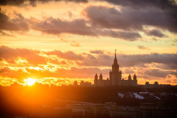 Sunset Moscow State University in winter