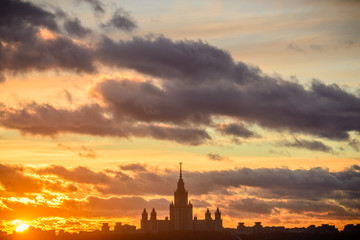 Fototapeta premium Sunset Moscow State University in winter
