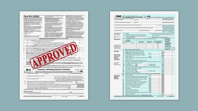 1040 and w4 usa tax forms that scroll from left to right and stamp with the text: approved