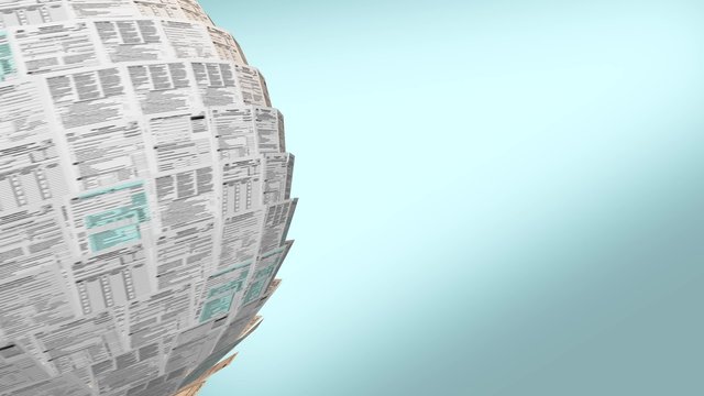 sphere made with Usa tax forms that rotates on itself, empty space at the right, alpha mask