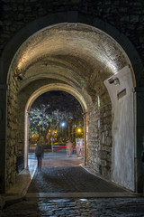 Fototapeta na wymiar View of the main arch entrance to the historical town of Faro, Portugal in the evening.