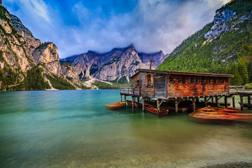 Braies Lake in Dolomites mountains, Seekofel in background, Sudtirol, Italy

