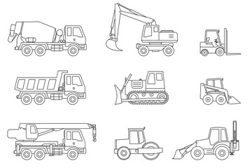Construction machines thin icons.