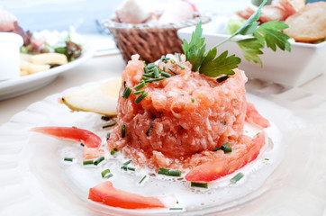 tasty Steak tartare (Raw beef) - classic steak tartare on white