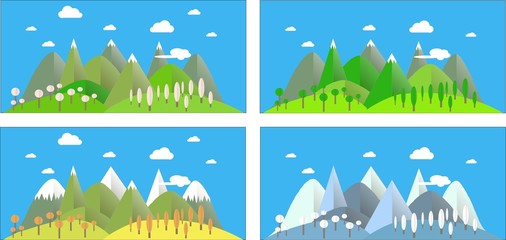 Mountain landscape in all seasons: spring, summer, autumn, winter blue. Modern flat design, design element, vector