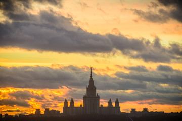 Fototapeta premium Sunset Moscow State University in winter