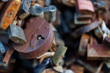 Many of the old, rusty locks, linked together