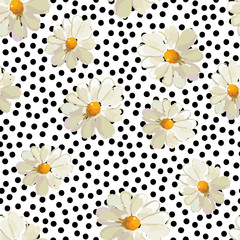 Daisies on the white background with black dots. Vector seamless pattern with wild summer flowers.