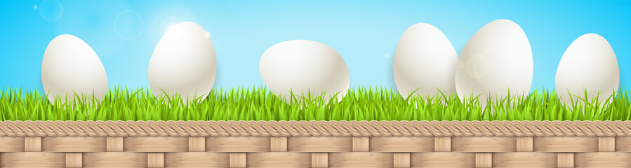 frische Eier auf der Wiese mit Korbgeflecht