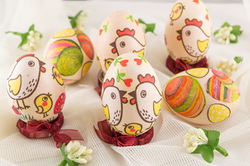 Chicken decorated Easter eggs
